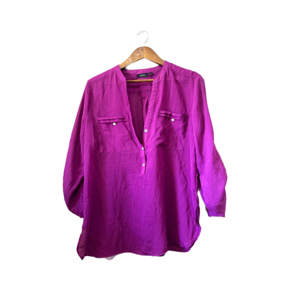 Apt. 9 Tunic Blouse Womens Large Magenta Excellent Roll Tab Sleeve Split Neck